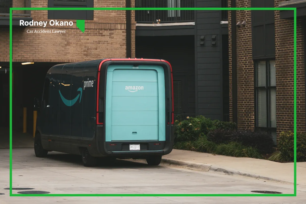 Electric Amazon Prime delivery truck driving into an apartment complex in Las Vegas