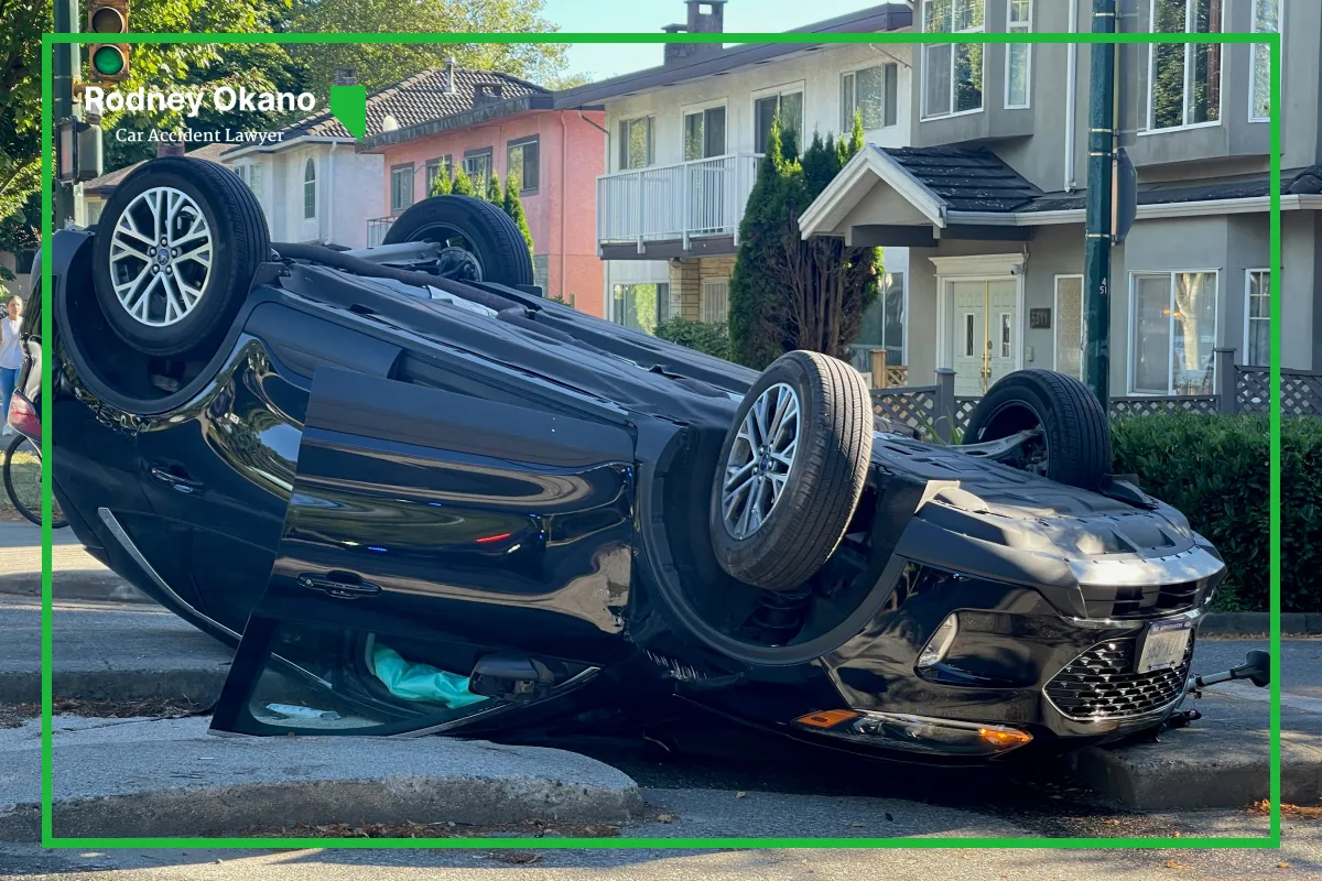 Image of a black car flipped over on the road after a car crash in Henderson, Nevada