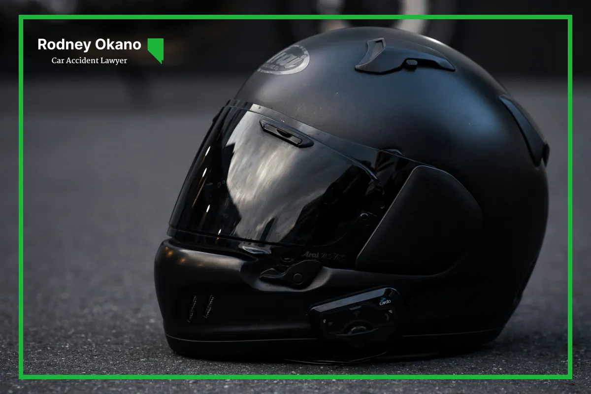Image of a black motorcycle helmet on the road