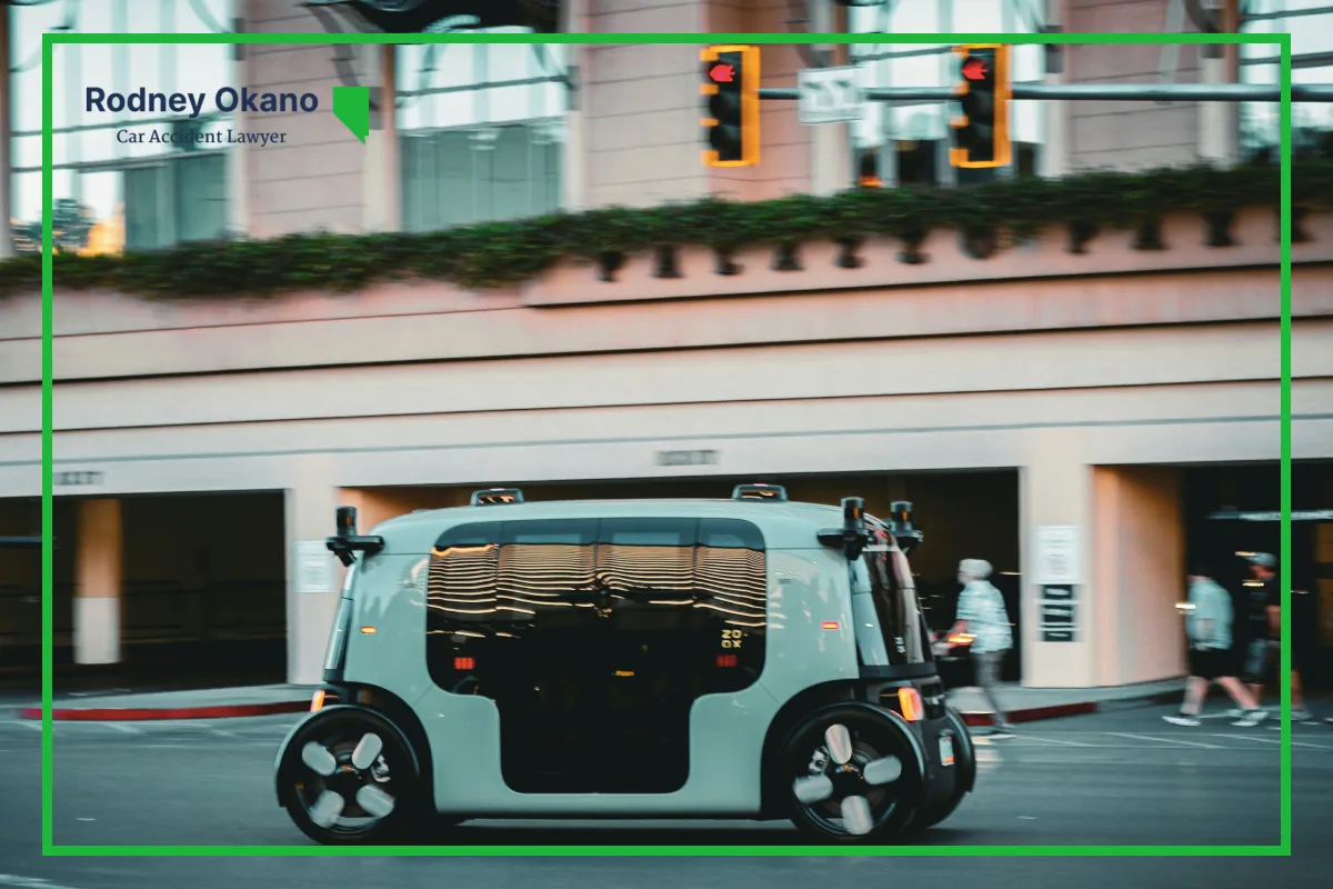 Image of a Zoox self-driving vehicle on a road on the Las Vegas Strip