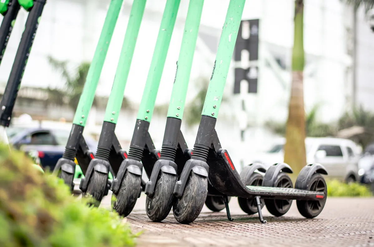 Image of electric scooters parked on a road to represent e-scooters on the Las Vegas strip