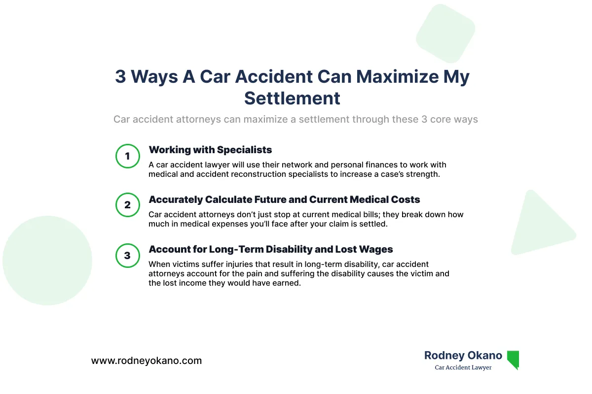 Infographic covering the 3 ways a car accident lawyer can maximize a client's settlement