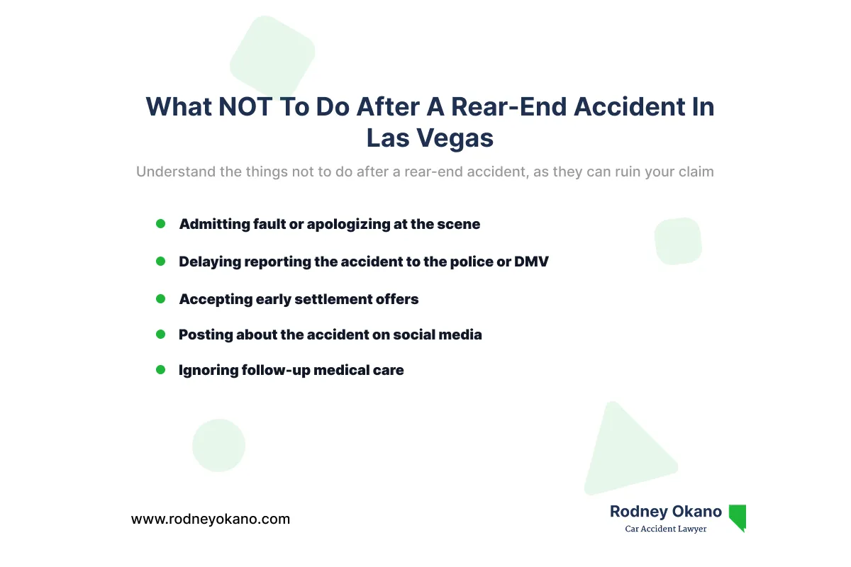 Infographic covering what NOT to do after a rear-end collision in Las Vegas
