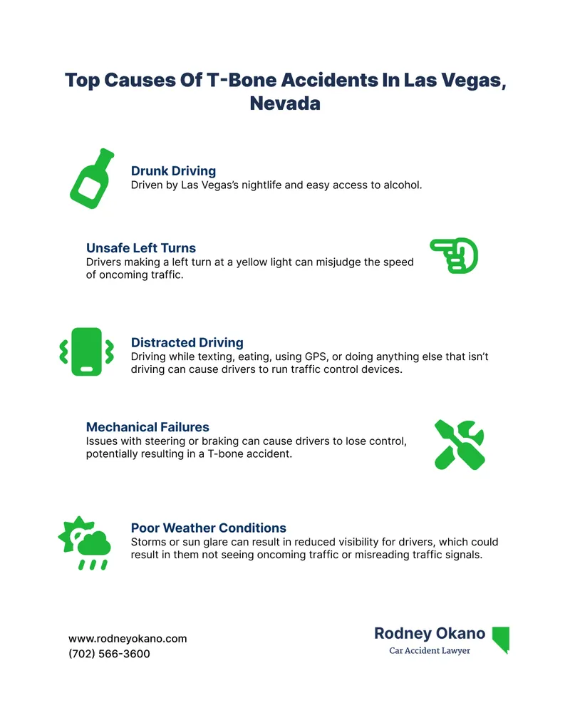 Infographics covering the top 5 causes of T-bone accidents in Las Vegas with text and icons