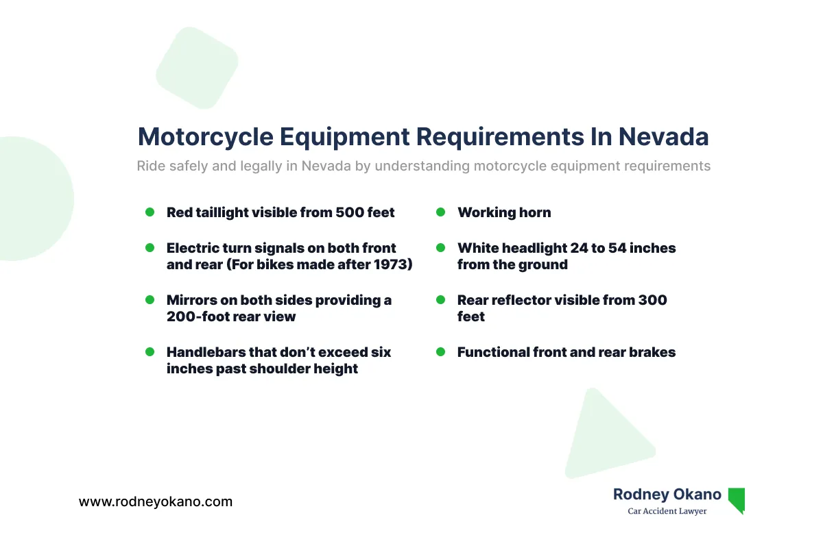 Rodney Okano Car Accident Lawyer Law Firm infographic on equipment requirements for motorcycles in Nevada