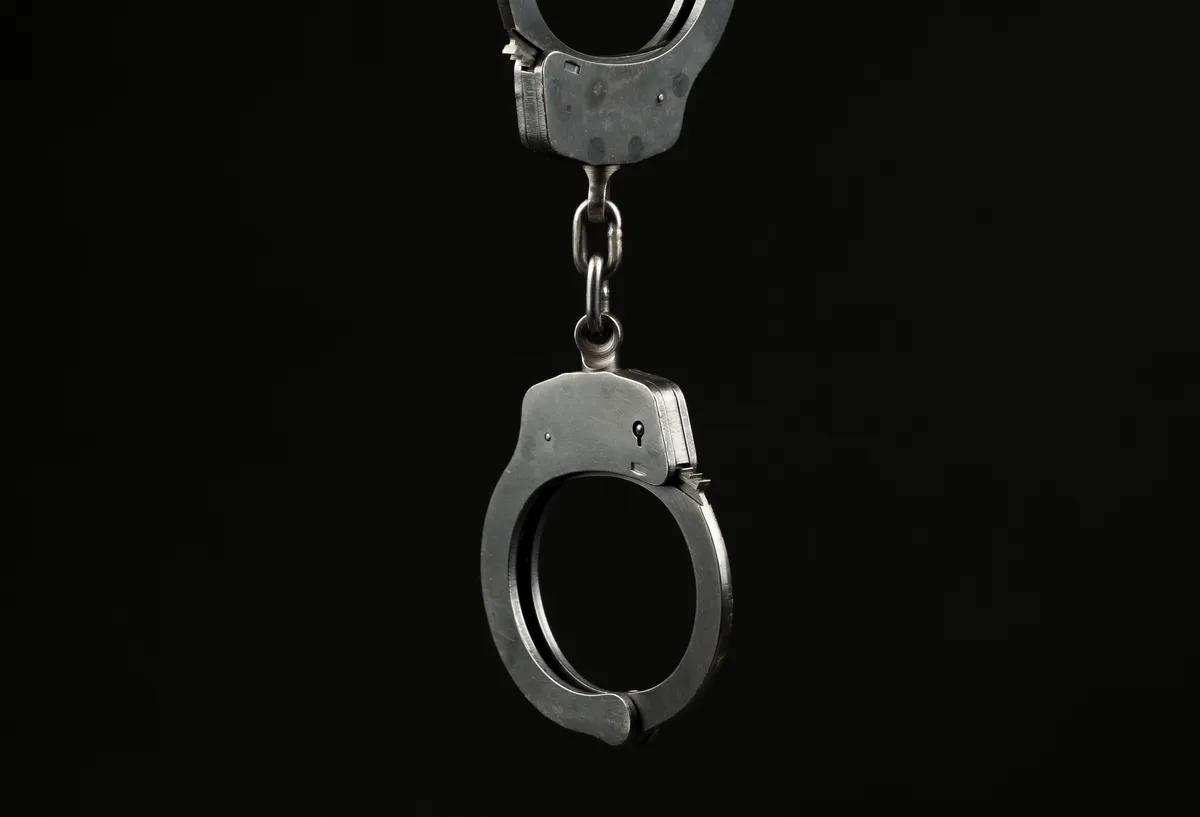 a close up of a pair of handcuffs hanging from a chain