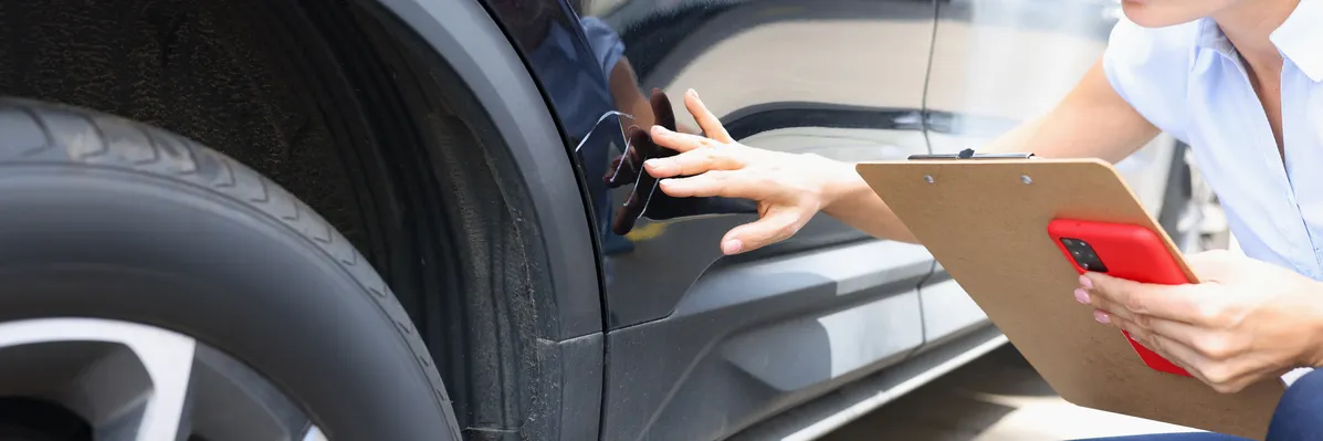 woman in blue jeans holding clipboard and checking the tire of a car