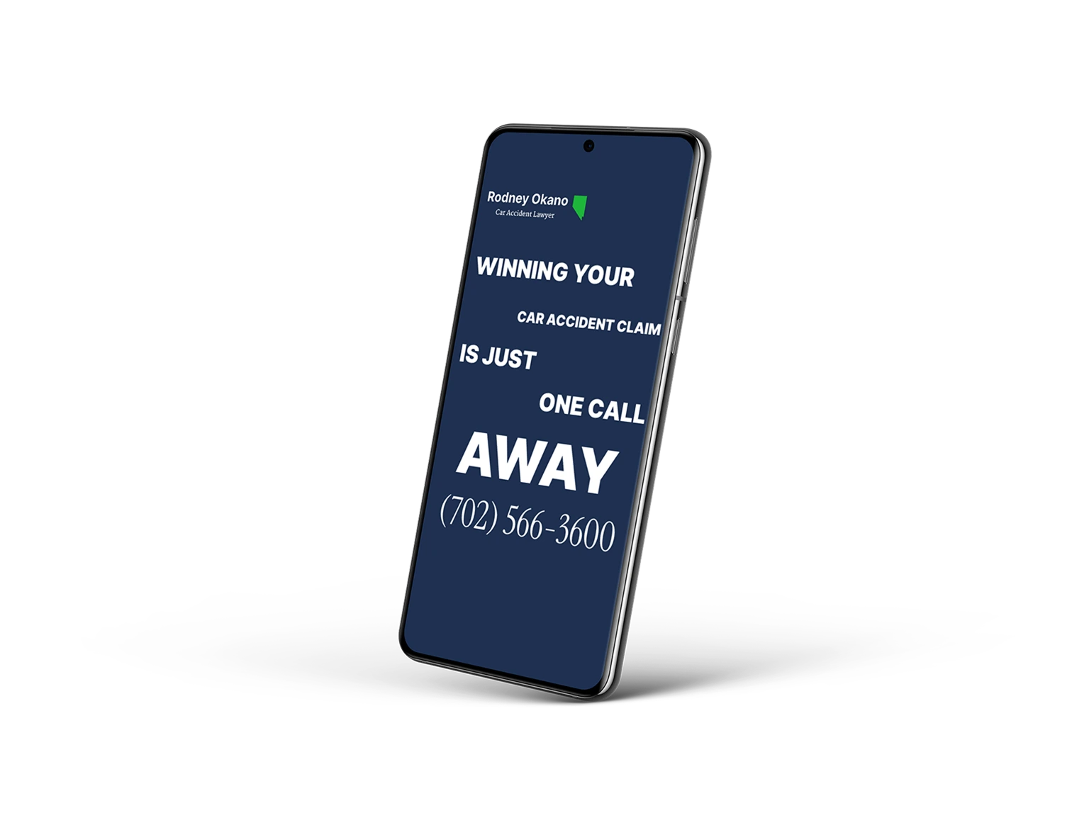 Image of a phone stating that winning your car accident claim is one call away with Rodney Okano Car Accident Lawyer phone number at the bottom